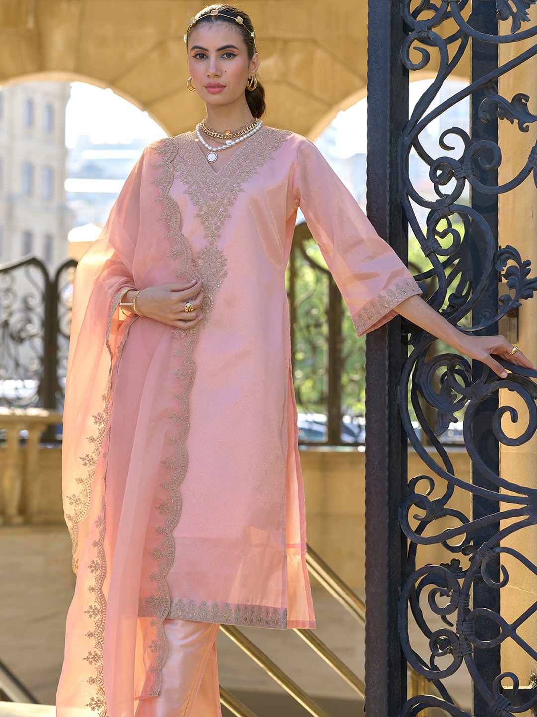 

Indo Era Ethnic Motifs Embroidered Zari Straight Kurta With Trousers & Dupatta, Peach