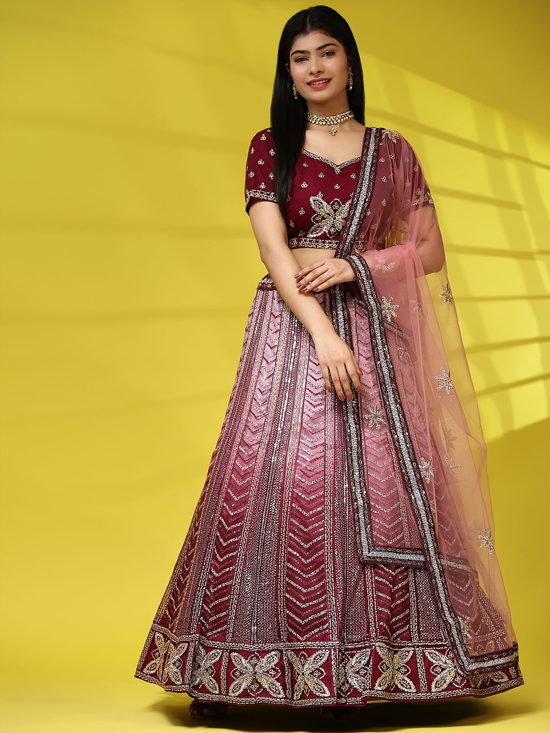 

AMOHA TRENDZ Embroidered Sequinned Ready to Wear Lehenga & Blouse With Dupatta, Maroon