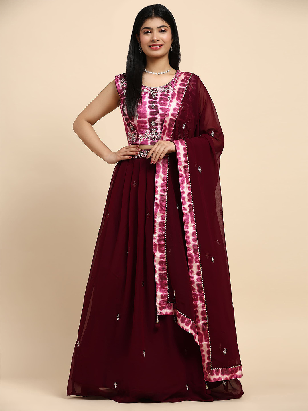 

AMOHA TRENDZ Embroidered Ready to Wear Lehenga & Blouse With Dupatta, Purple