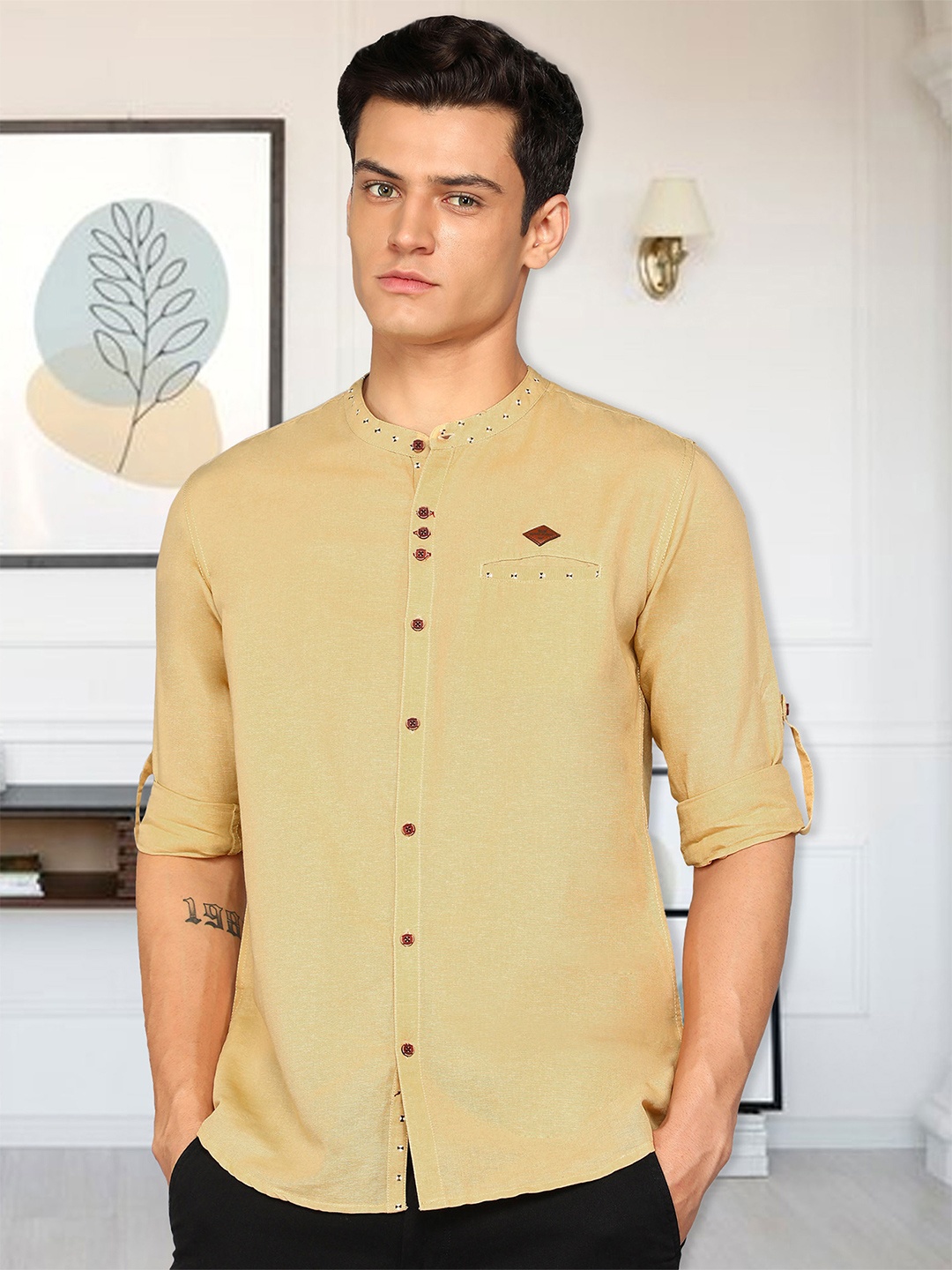 

Kuons Avenue Smart Slim Fit Mandarin Collar Long Roll Up Sleeves Linen Cotton Casual Shirt, Beige