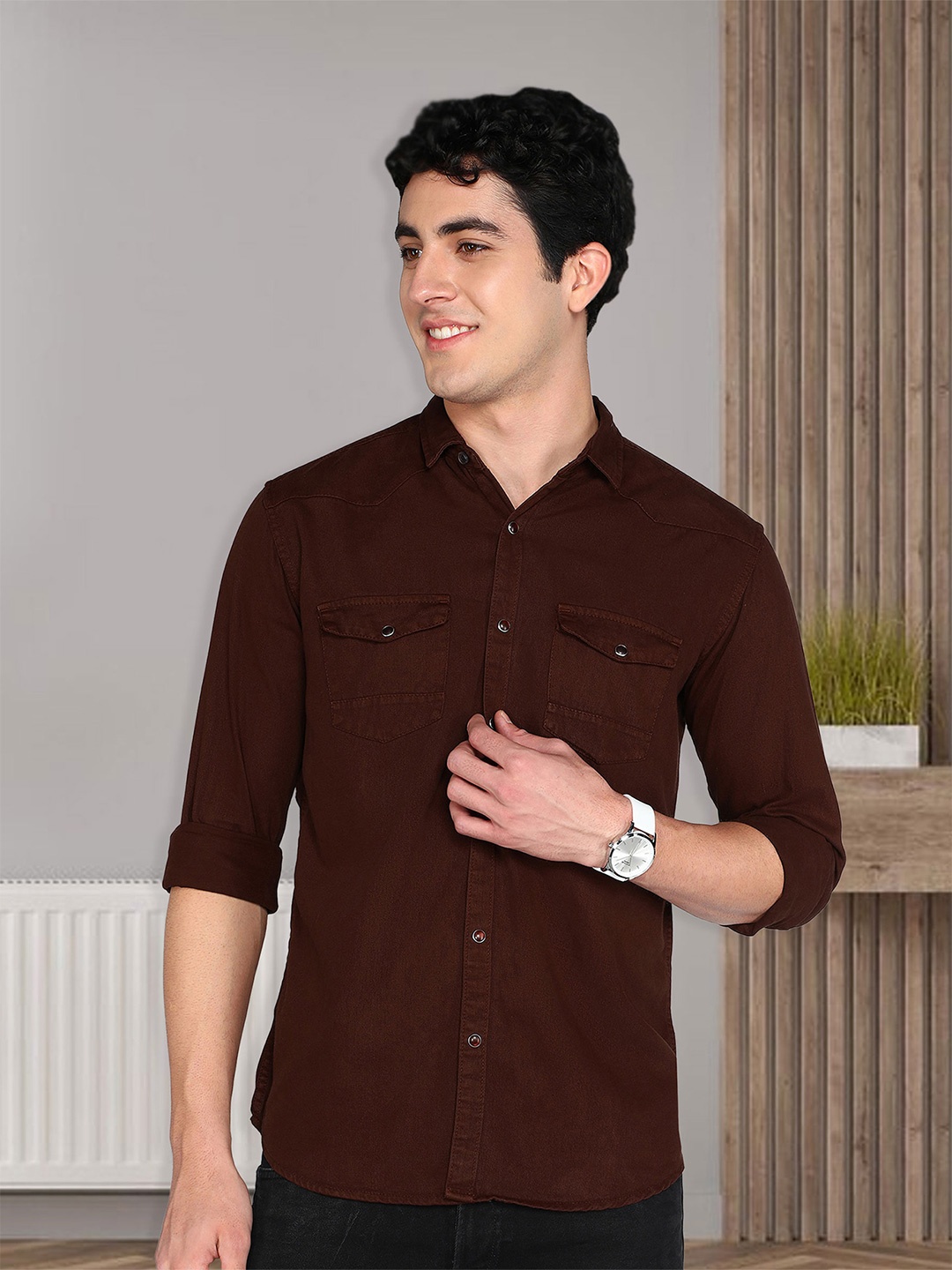 

Kuons Avenue Smart Spread Collar Long Sleeves Casual Shirt, Brown