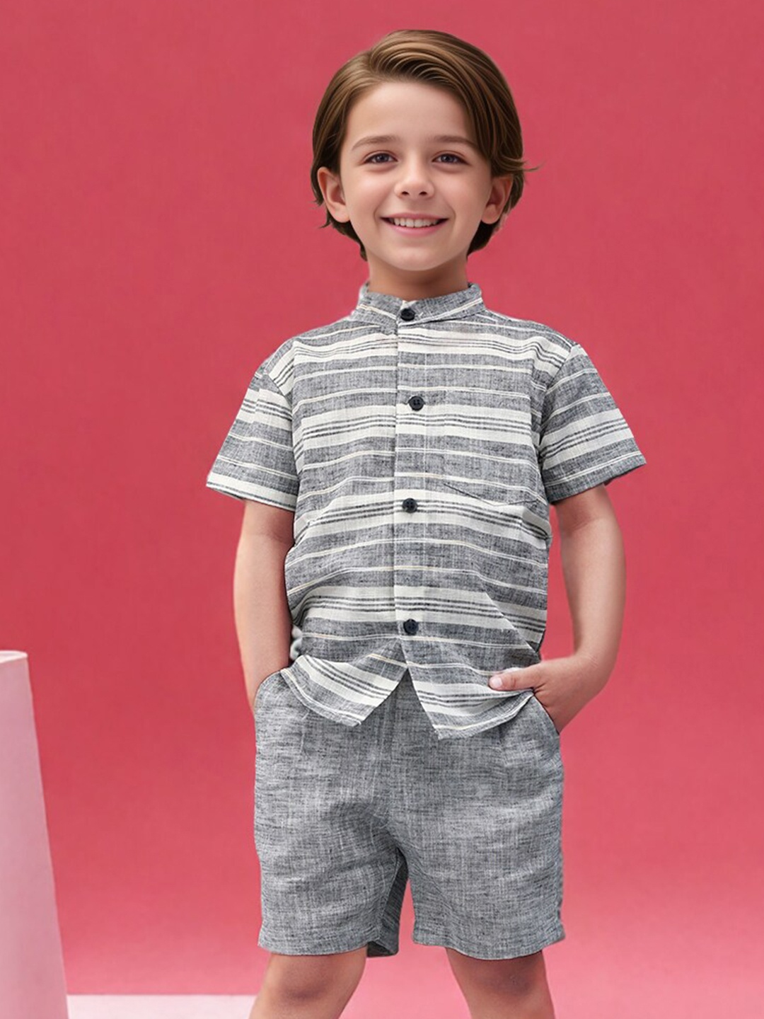 

Toonyport Boys Striped Pure Cotton Shirt With Shorts, Grey