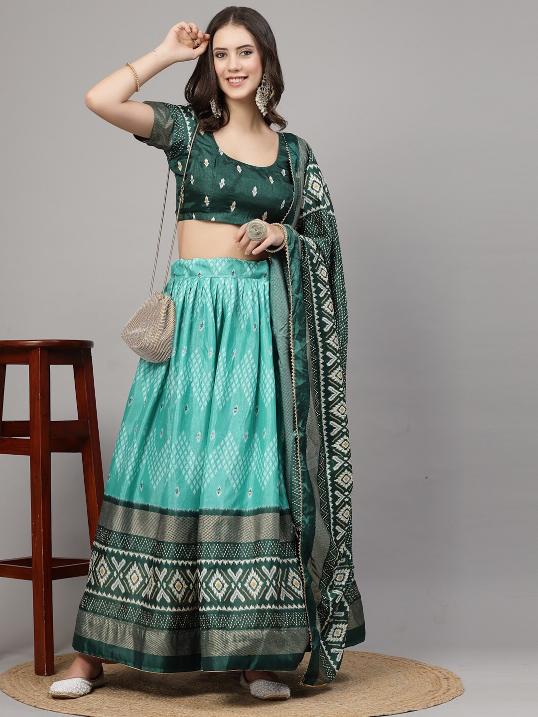 

BAESD Ikat Printed Semi-Stitched Lehenga & Unstitched Blouse With Dupatta, Green