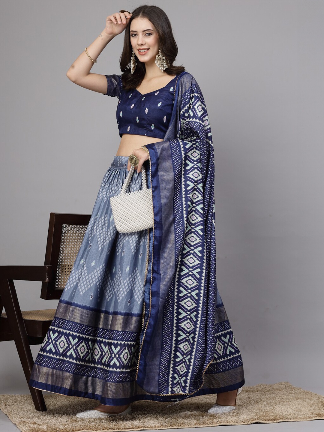 

BAESD Ikat Printed Semi-Stitched Lehenga & Unstitched Blouse With Dupatta, Blue