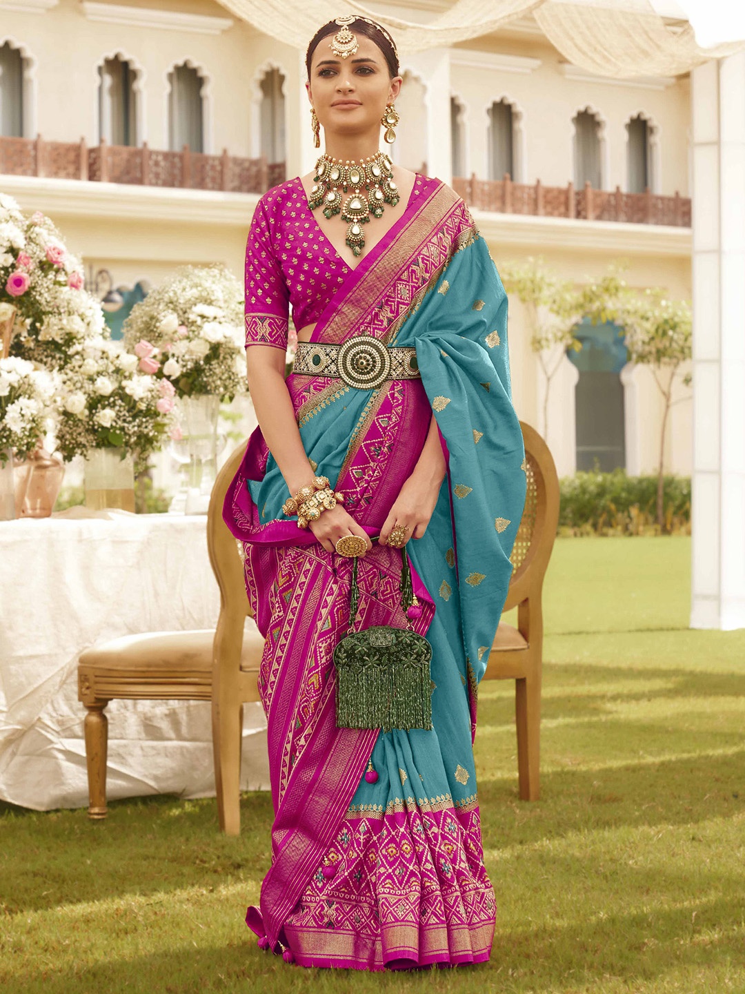 

Anouk Ethnic Motifs Zari Silk Blend Patola Saree, Blue