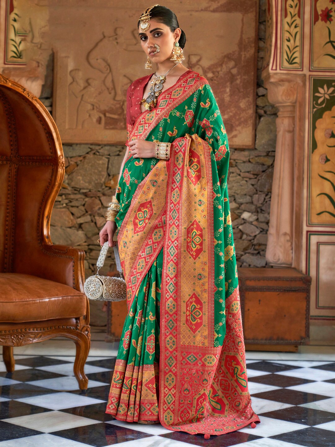 

Anouk Ethnic Motifs Woven Design Zari Silk Blend Saree, Green