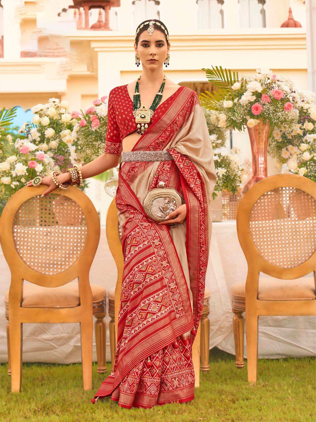 

Anouk Ethnic Motifs Silk Blend Patola Saree, Cream