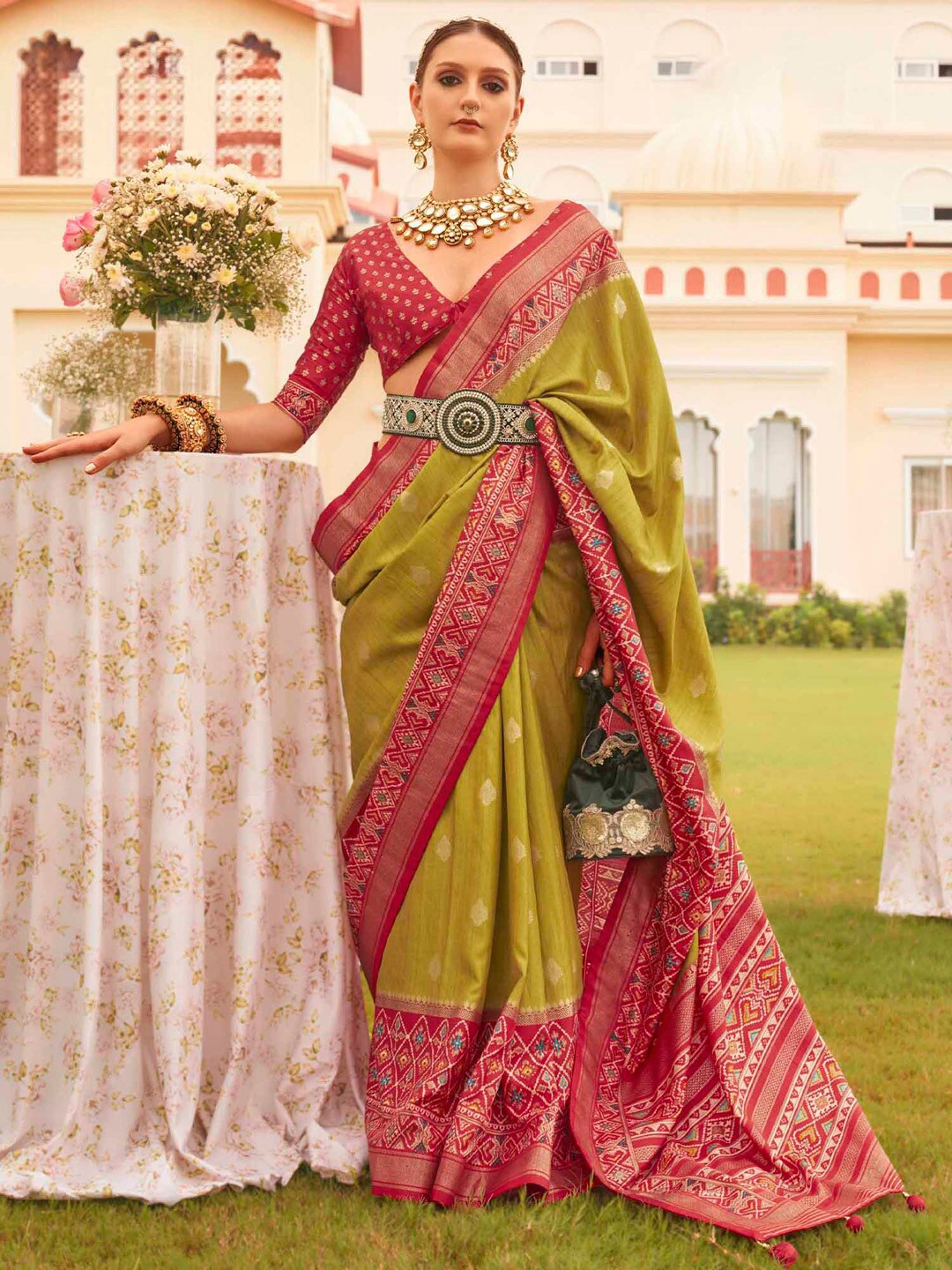 

Anouk Ethnic Motifs Zari Silk Blend Designer Patola Saree, Olive