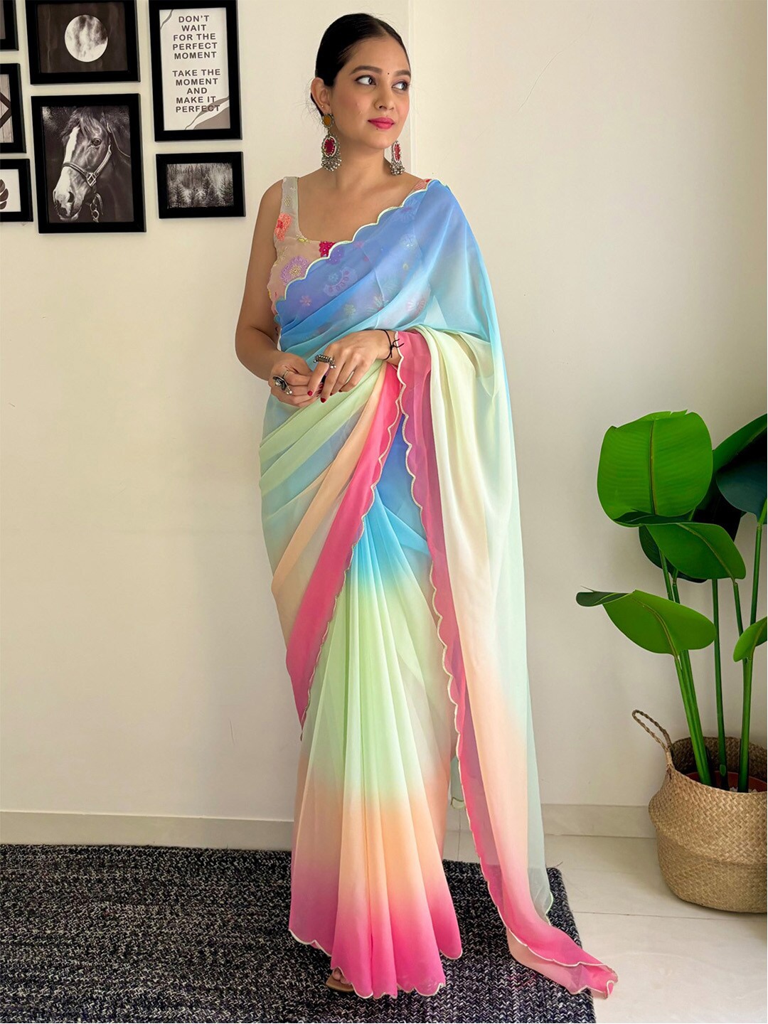 

Anouk Ombre Pure Georgette Holi Saree, Blue