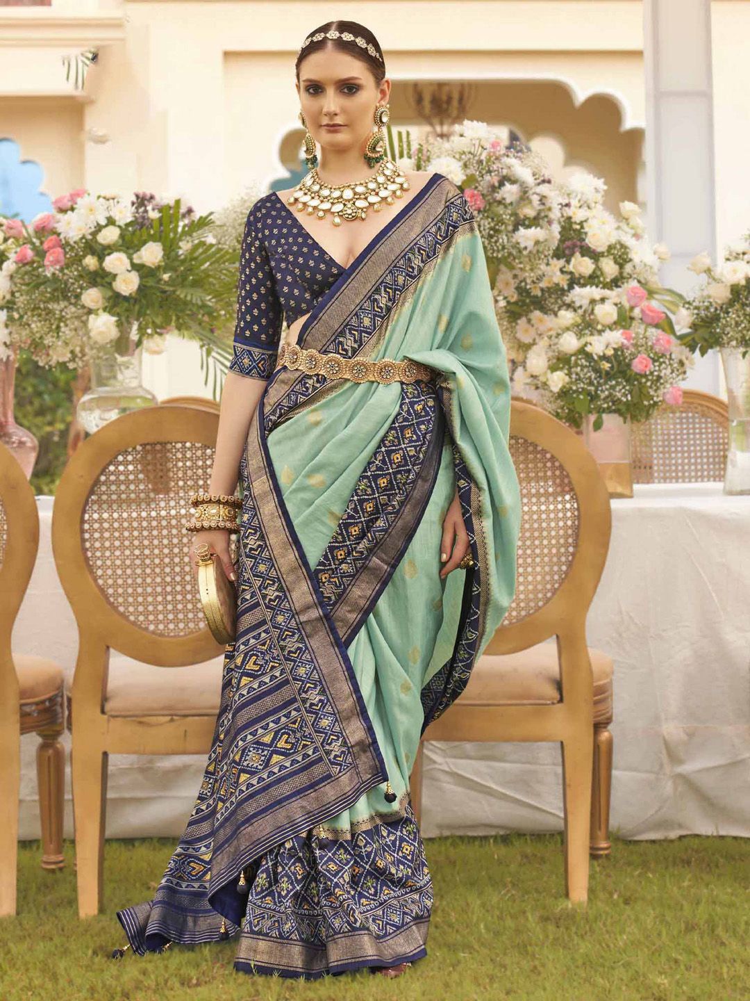 

Anouk Woven Design Zari Silk Blend Patola Saree, Sea green