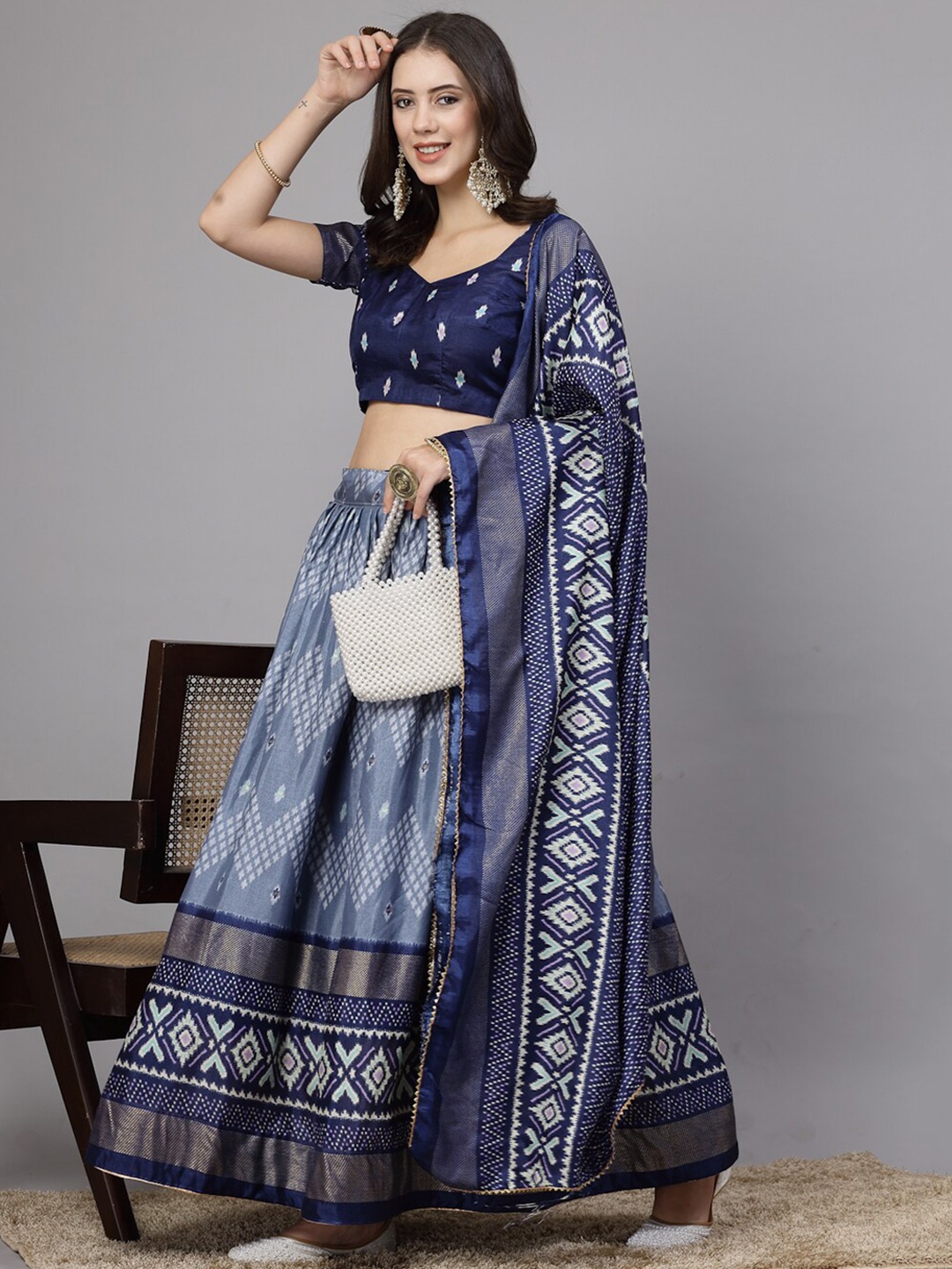 

BAESD Ikat Printed Gotta Patti Semi-Stitched Lehenga & Unstitched Blouse With Dupatta, Blue