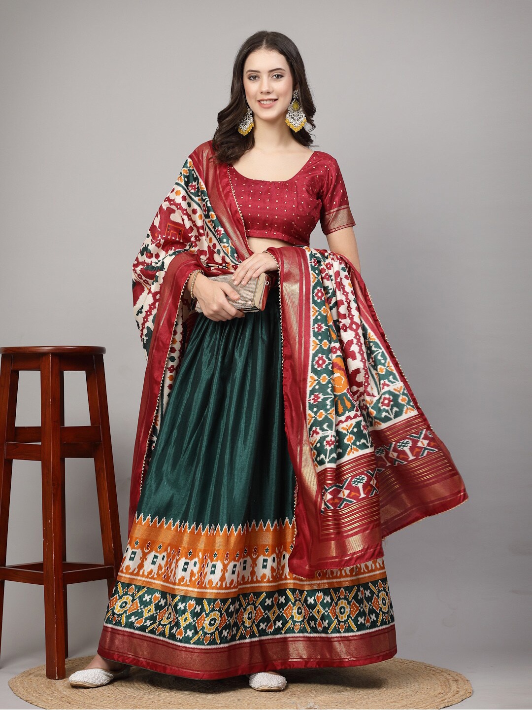 

BAESD Patola Printed Semi-Stitched Lehenga & Unstitched Blouse With Dupatta, Green