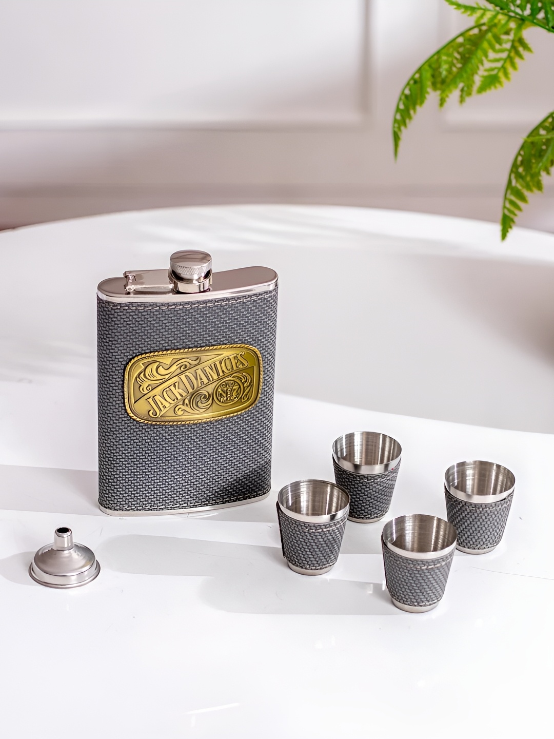 

THEDECORKART Grey 4 Pieces Textured Stainless Steel Shot Glasses With Funnel