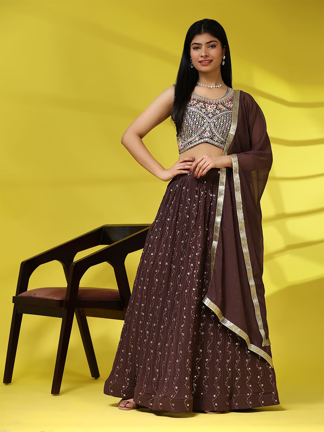 

AMOHA TRENDZ Embroidered Silk Georgette Ready to Wear Lehenga & Blouse With Dupatta, Brown