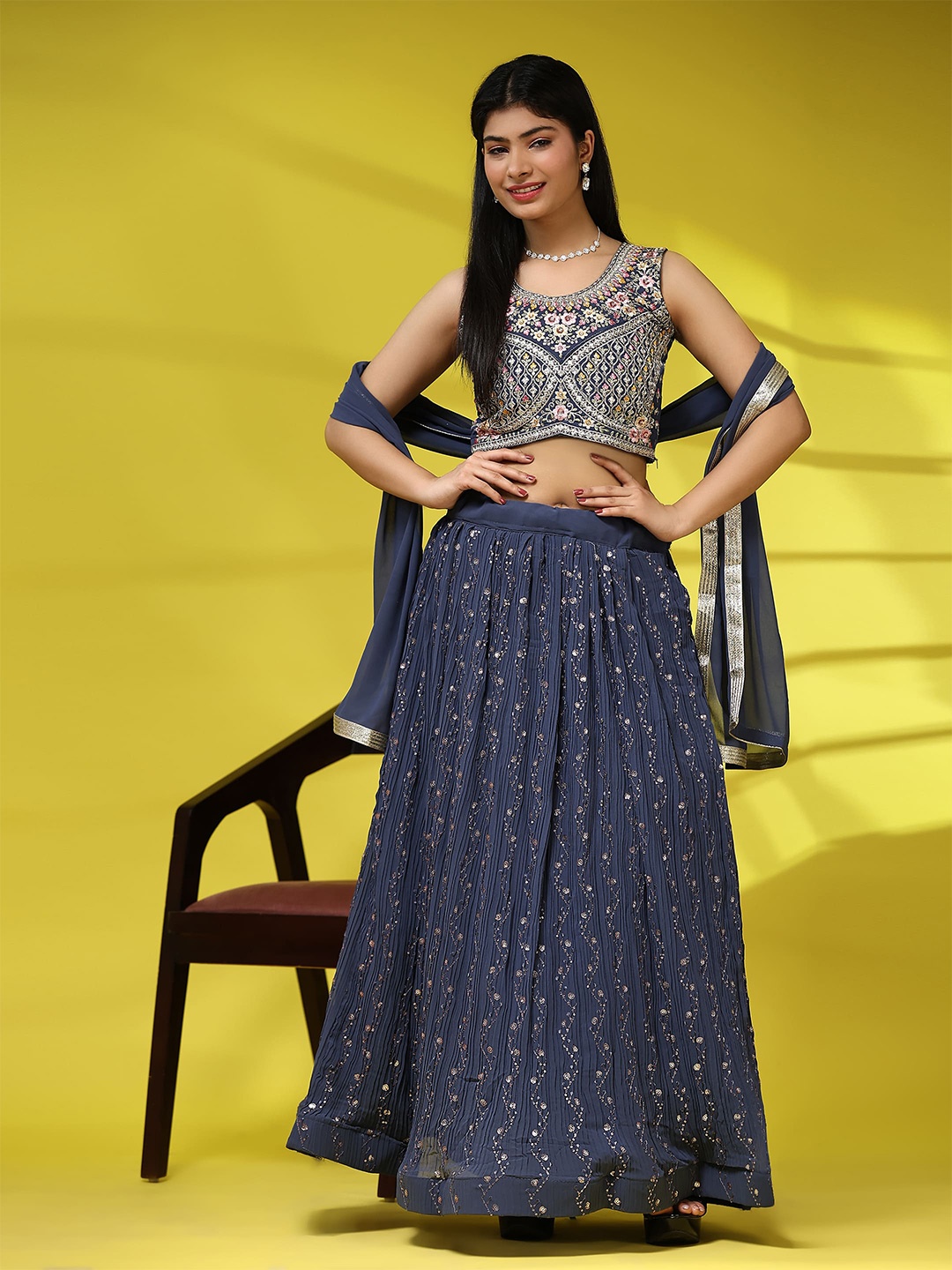 

AMOHA TRENDZ Embroidered Sequinned Ready to Wear Lehenga & Blouse With Dupatta, Blue