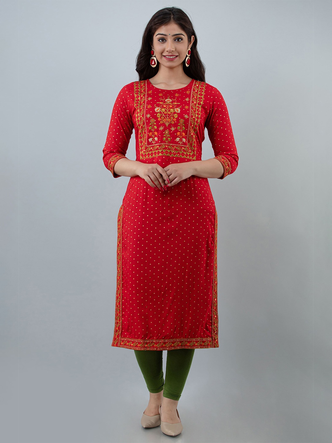 

STYLE ANGEL Embroidered & Printed Round Neck Straight Kurta, Red