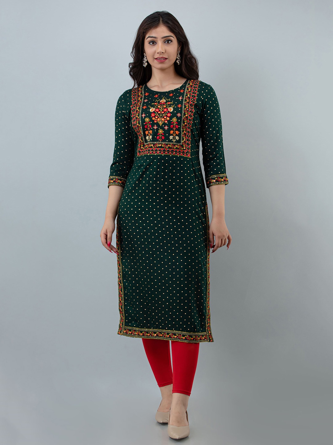 

STYLE ANGEL Round Neck Embroidered Straight Kurta, Green