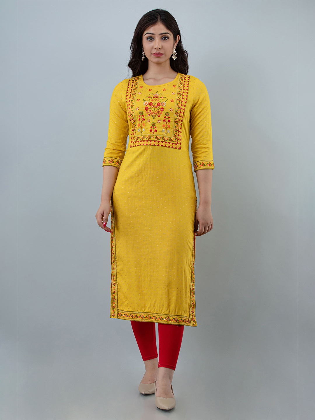 

STYLE ANGEL Embroidered Yoke Design & Printed Round Neck Straight Kurta, Mustard