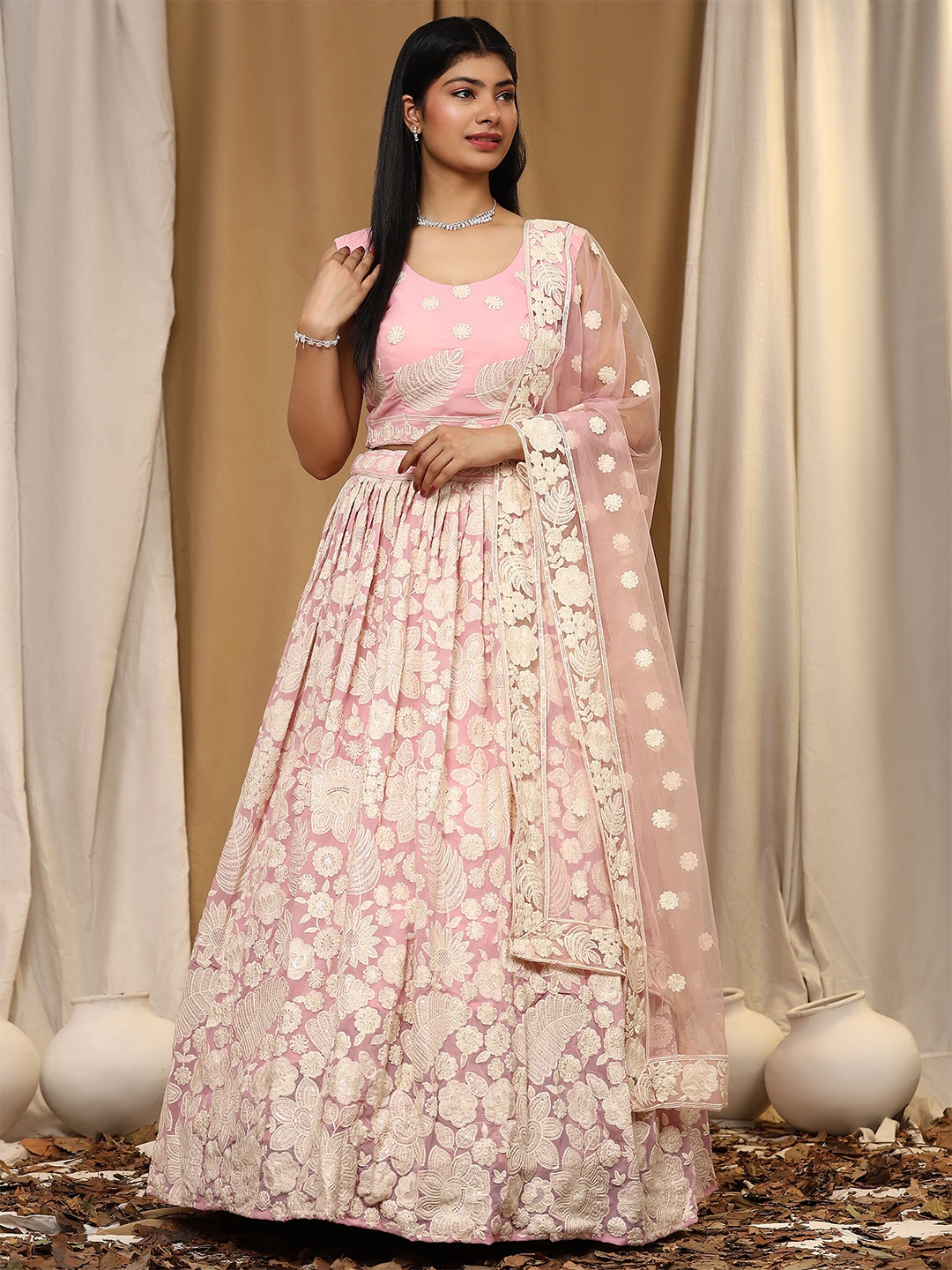 

AMOHA TRENDZ Embroidered Georgette Chikankari Ready to Wear Lehenga & Blouse With Dupatta, Pink