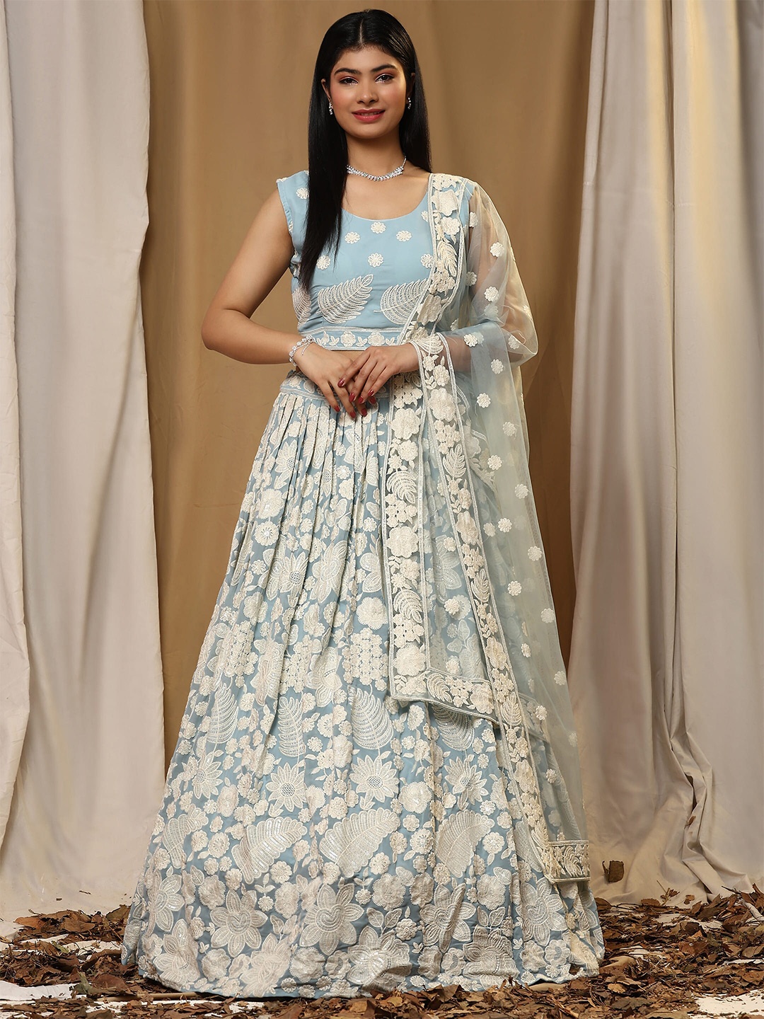 

AMOHA TRENDZ Embroidered Thread Work Ready to Wear Lehenga & Blouse With Dupatta, Blue