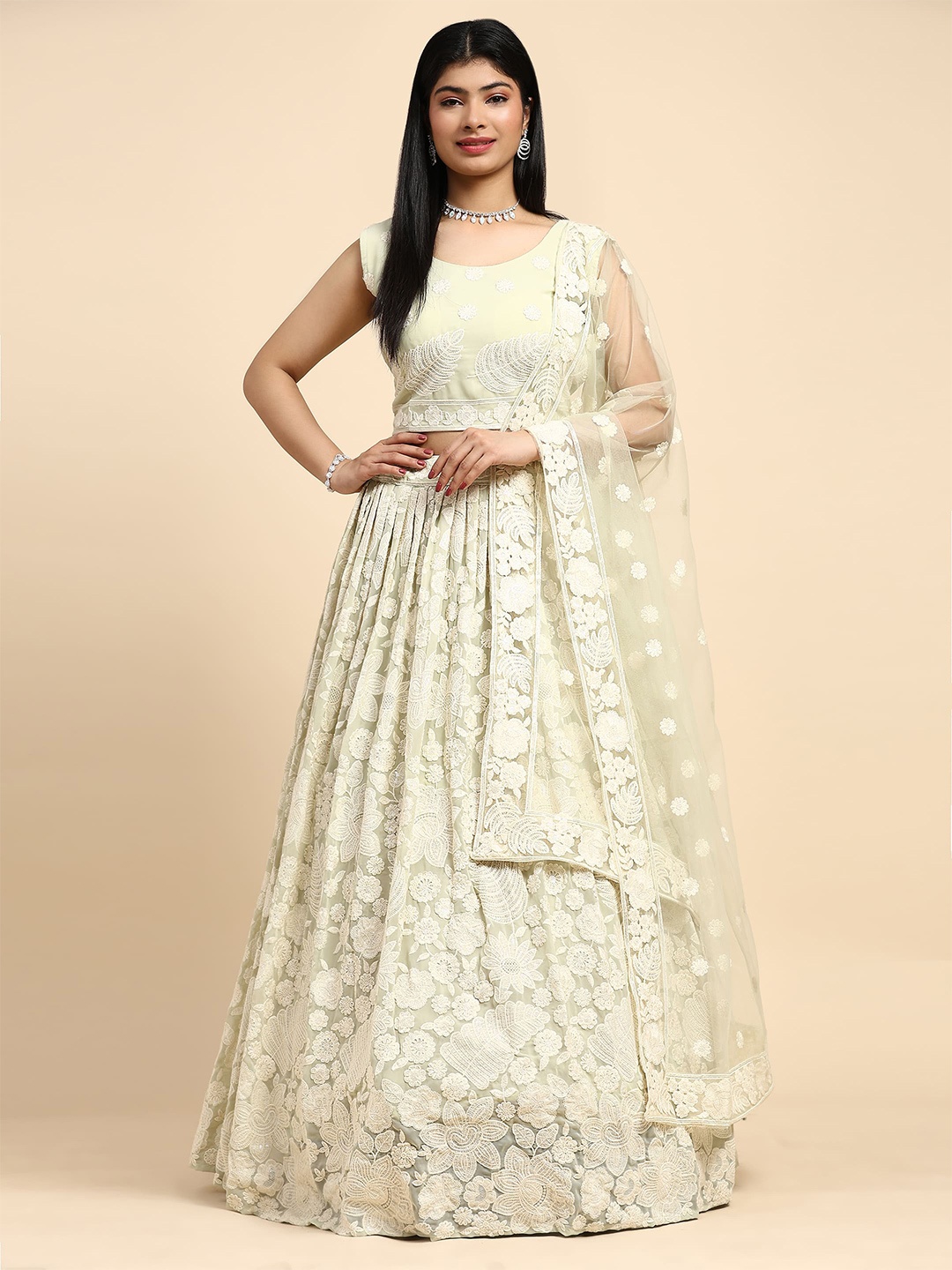 

AMOHA TRENDZ Embroidered Georgette Chikankari Ready to Wear Lehenga & Blouse With Dupatta, Green
