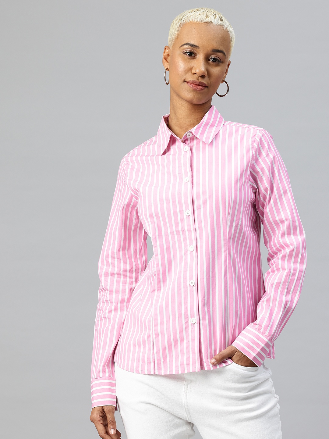 

VARUSHKA Smart Slim Fit Striped Semiformal Shirt, Pink