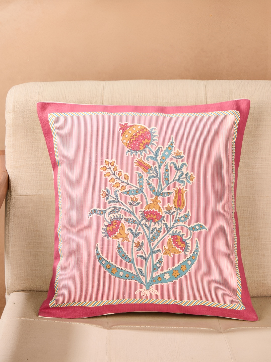 

Fabindia Pink & Blue Floral Cotton Square Cushion Cover