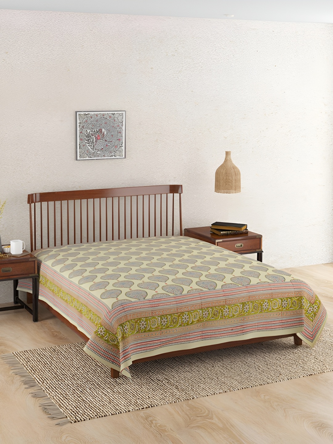 

Fabindia Green & Pink Floral Printed Cotton 120TC Double Bed Cover