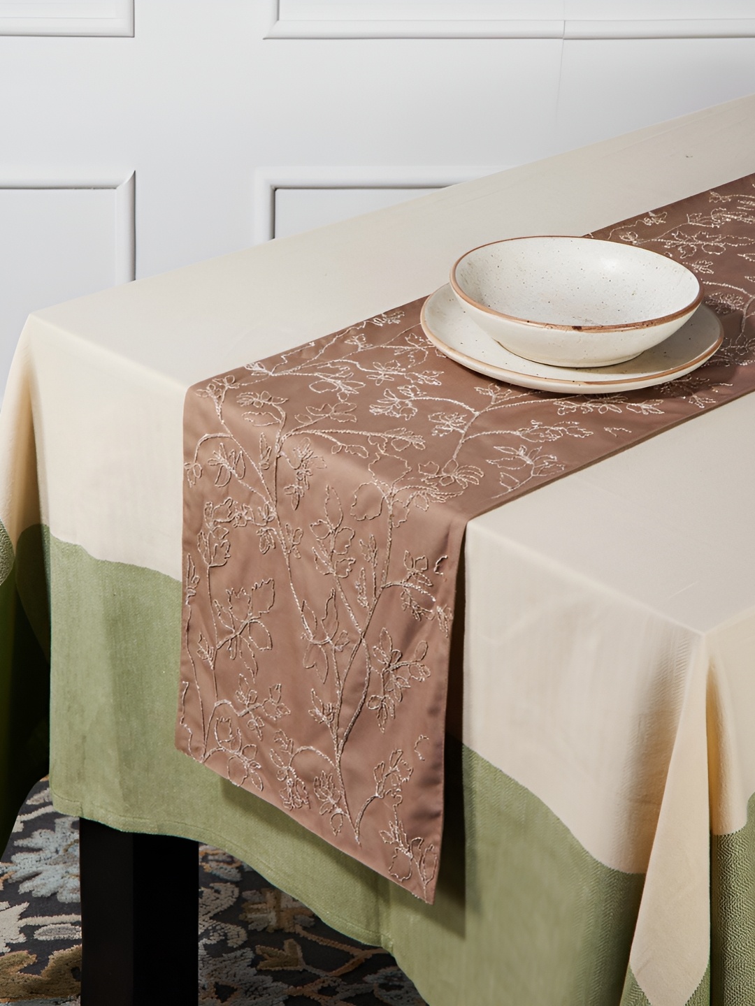 

Fabindia Brown & White Embroidered Table Runner, Beige