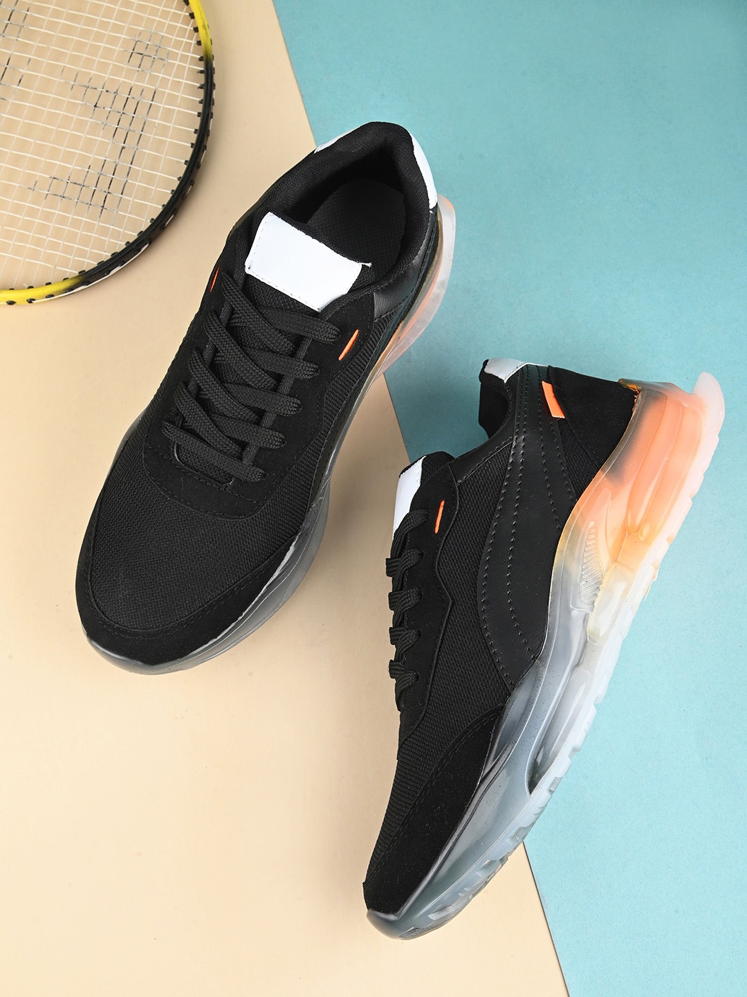 

HERE&NOW Men Black Textured Round Toe Memory Foam Lightweight Mesh Sneakers