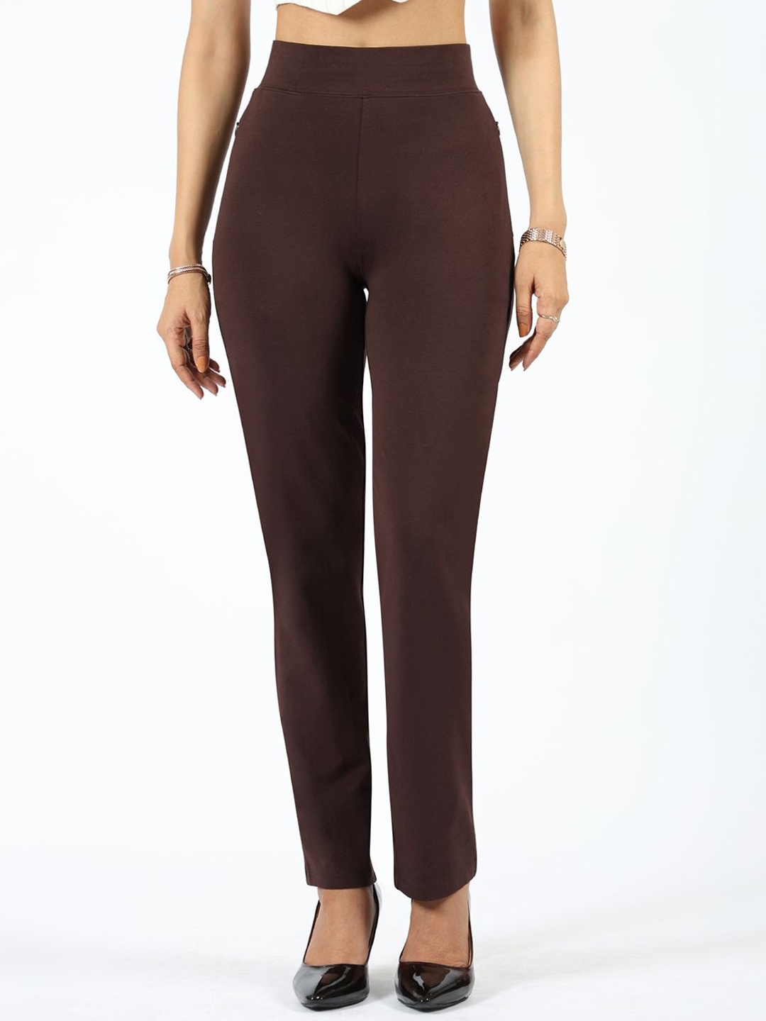 

Blissclub Women Straight Fit High-Rise Easy Wash Trousers, Coffee brown