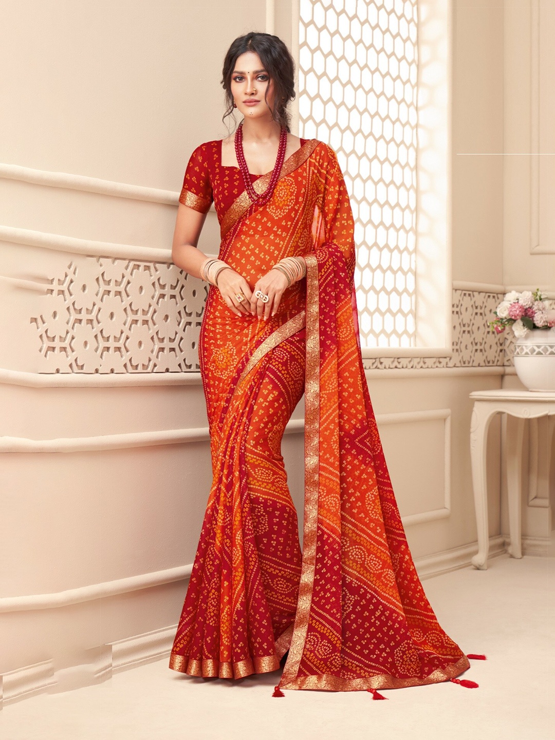

Reboot Fashions Bandhani Pure Chiffon Bandhani Saree, Orange