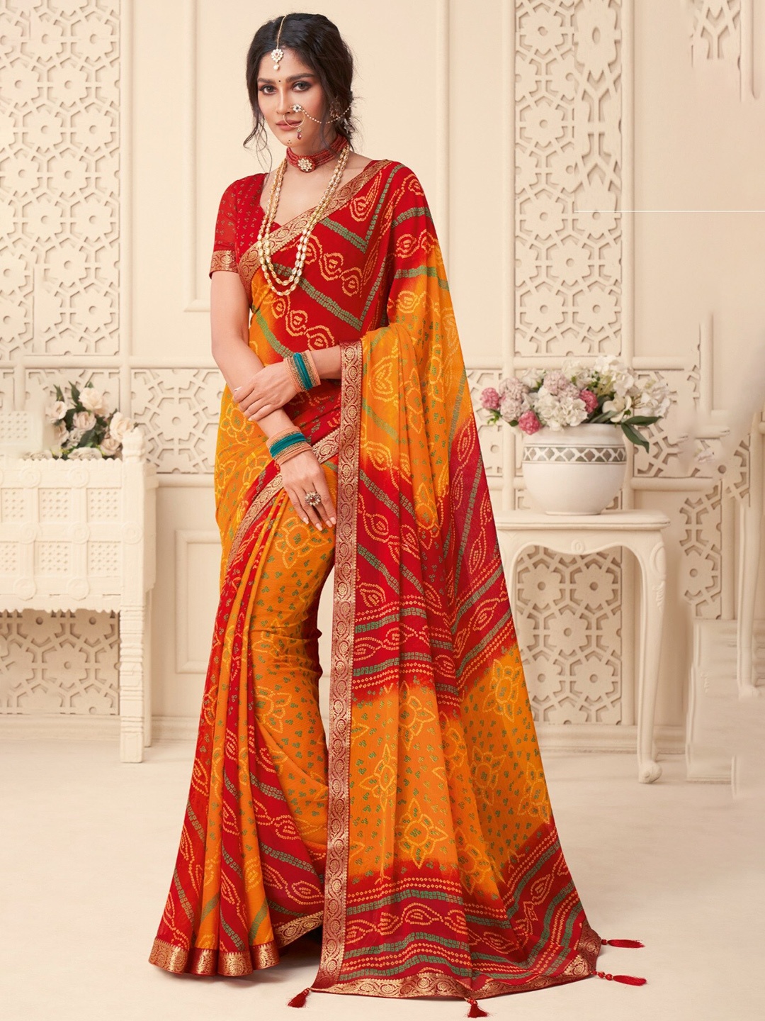 

Reboot Fashions Bandhani Zari Pure Chiffon Bandhani Saree, Yellow