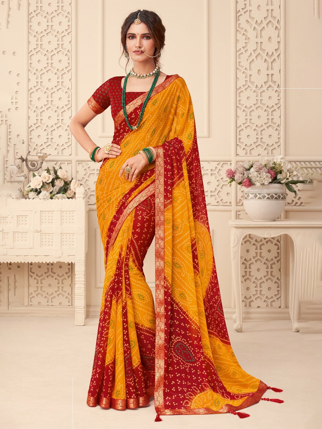 

Reboot Fashions Bandhani Pure Chiffon Bandhani Saree, Yellow