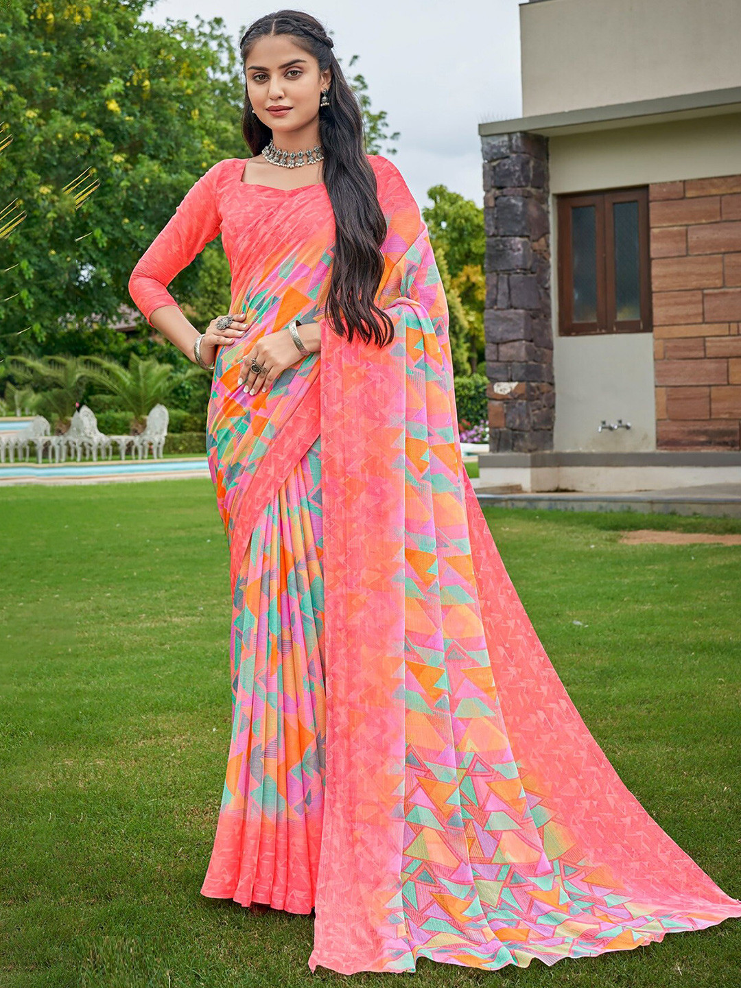 

Reboot Fashions Pure Chiffon Maheshwari Saree, Peach