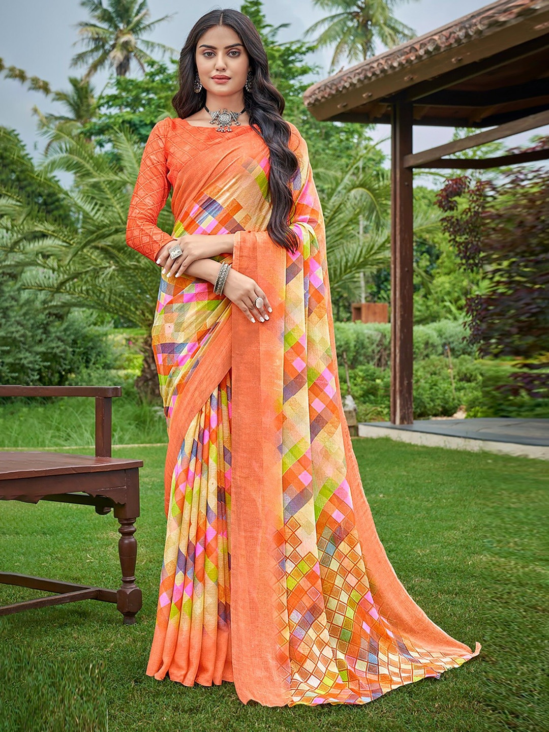 

Reboot Fashions Pure Chiffon Saree, Orange