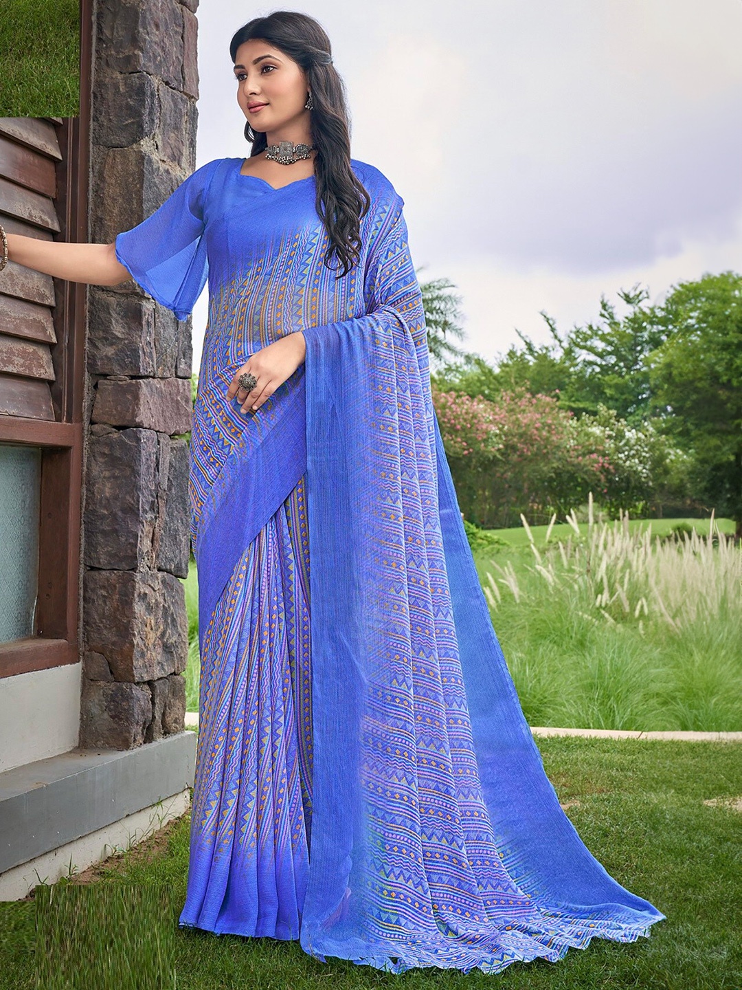 

Reboot Fashions Pure Chiffon Maheshwari Saree, Blue