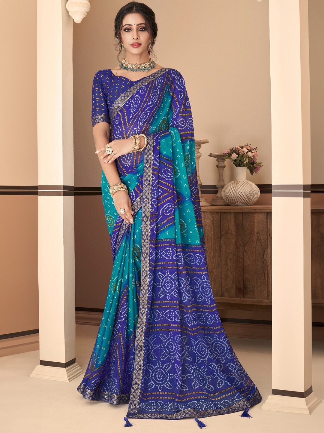 

Reboot Fashions Bandhani Zari Pure Chiffon Bandhani Saree, Blue