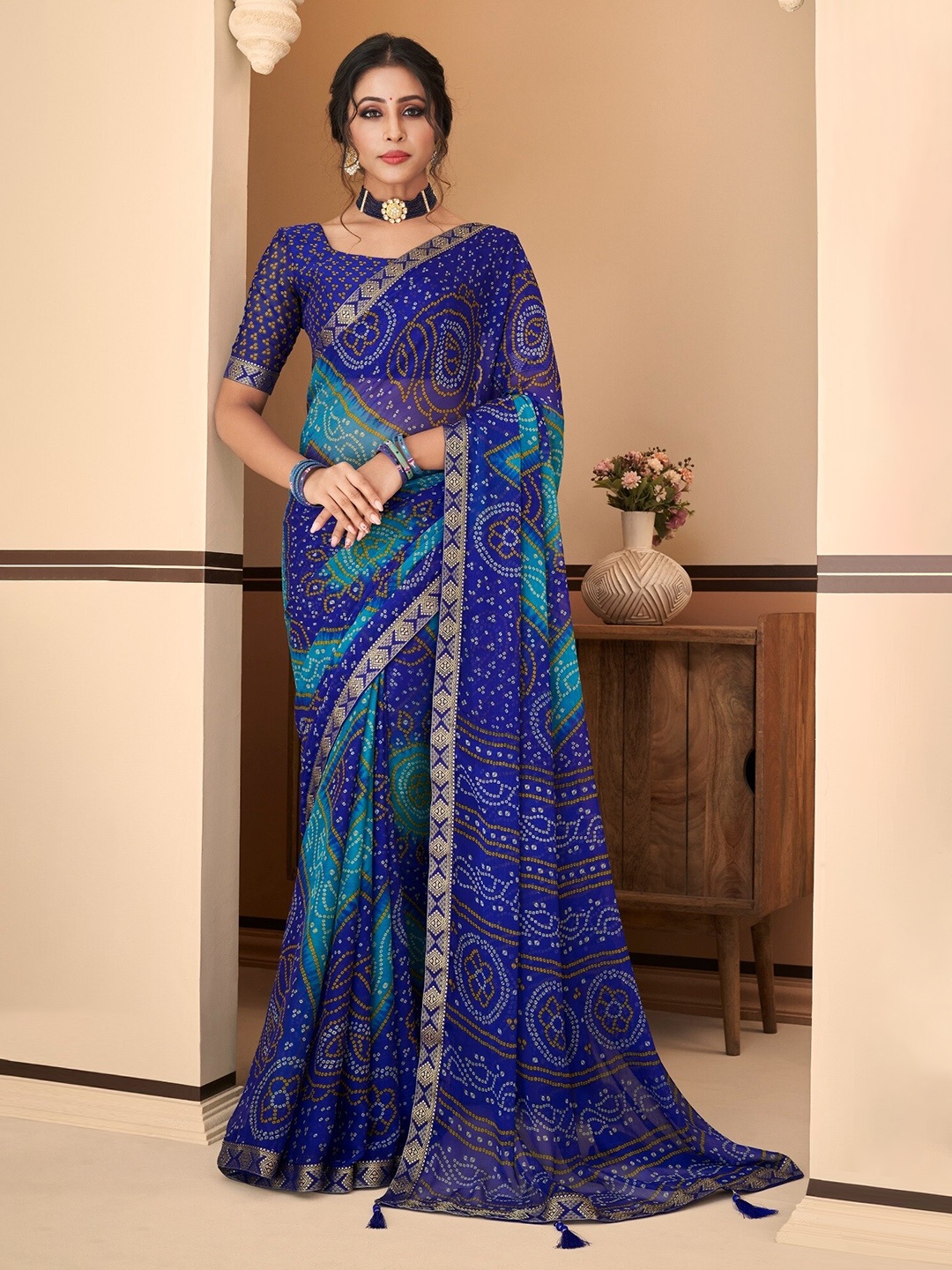 

Reboot Fashions Bandhani Zari Pure Chiffon Bandhani Saree, Blue