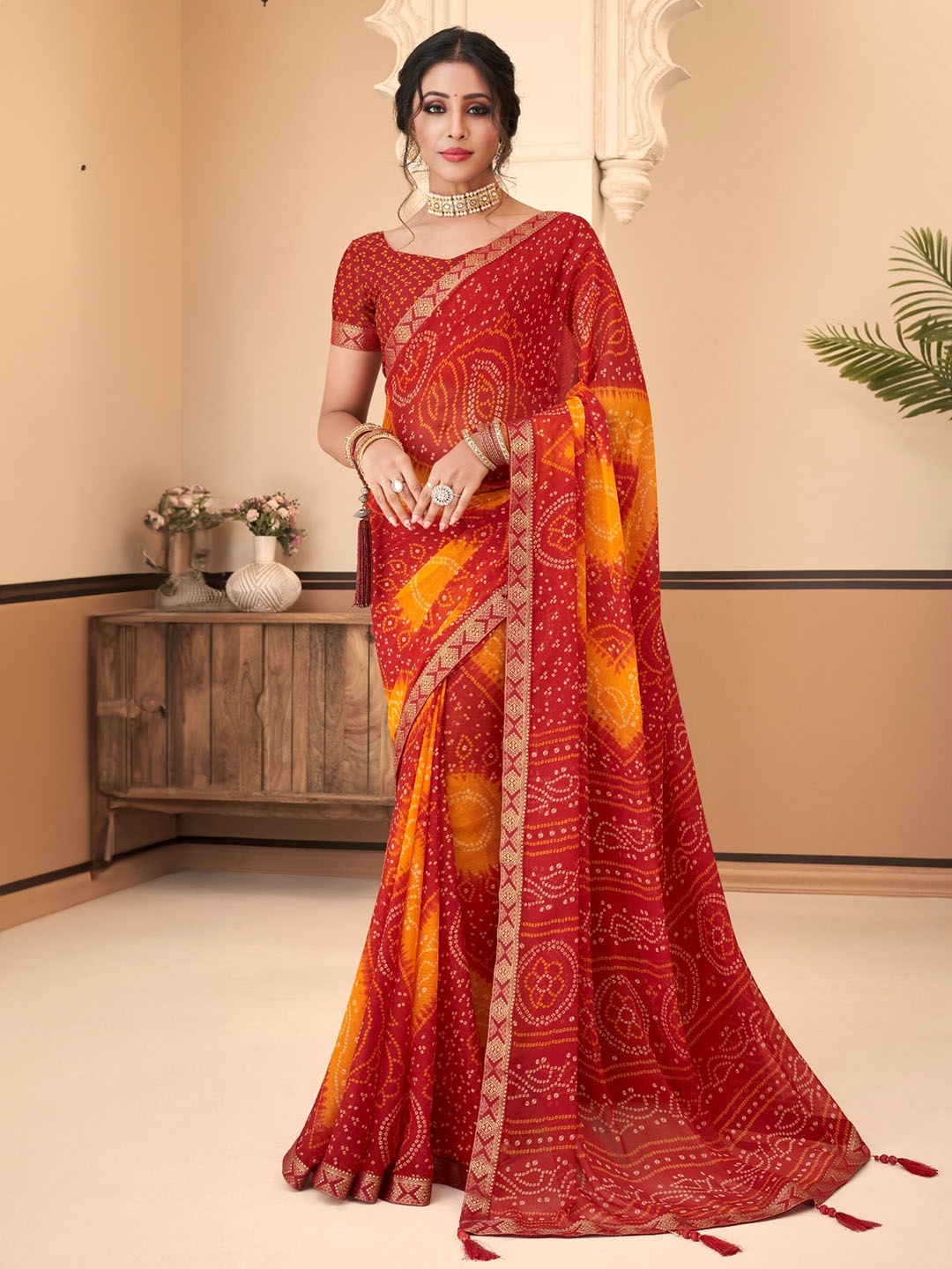 

Reboot Fashions Bandhani Zari Pure Chiffon Bandhani Saree, Red