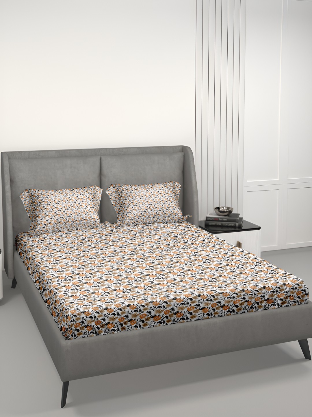 

Aura EasyLiving White & Orange Floral Cotton 180 TC King Bedsheet With 2 Pillow Covers