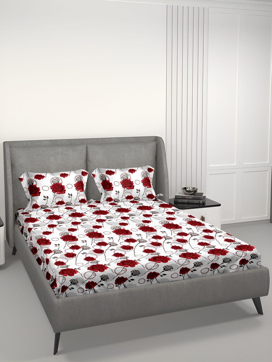 

Aura RoseGarden White & Maroon Floral Cotton 180 TC Queen Bedsheet With 2 Pillow Covers