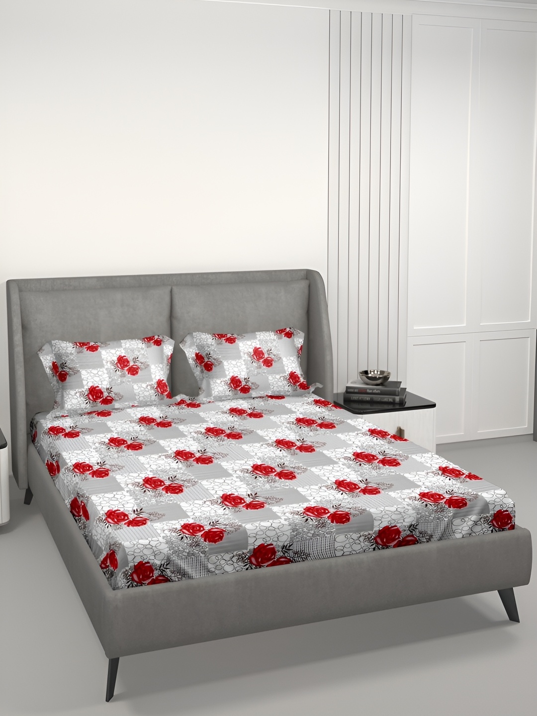 

Aura RoseGarden White & Grey Floral Cotton 180 TC Queen Bedsheet With 2 Pillow Covers
