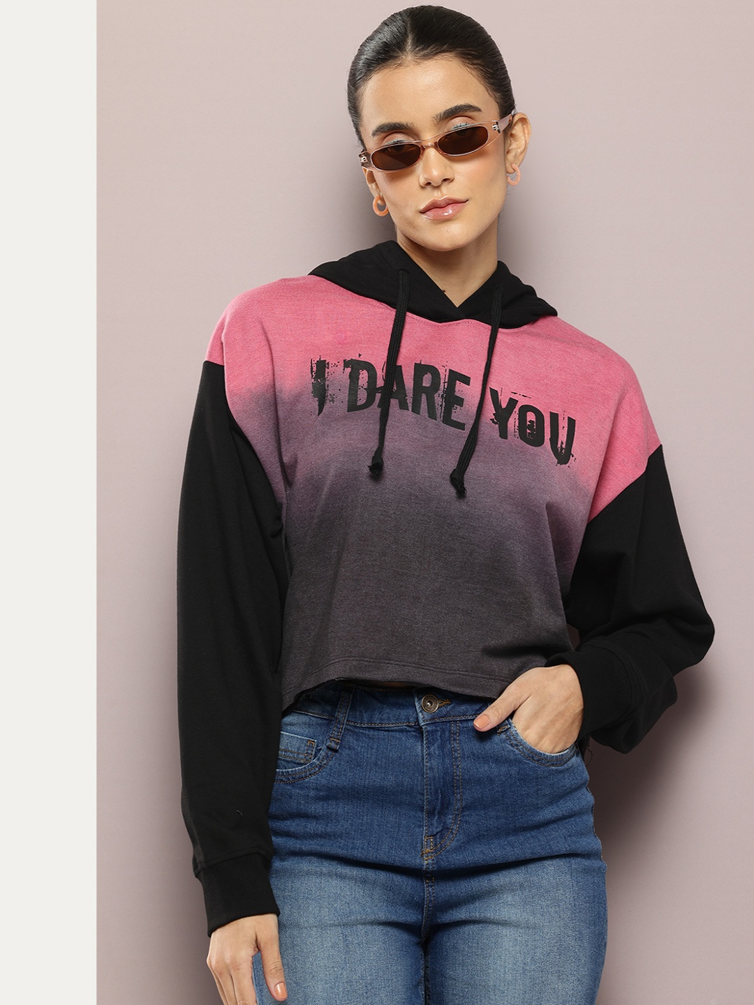 

Kook N Keech Colourblocked Slang-Printed Hooded Crop Sweatshirt, Pink