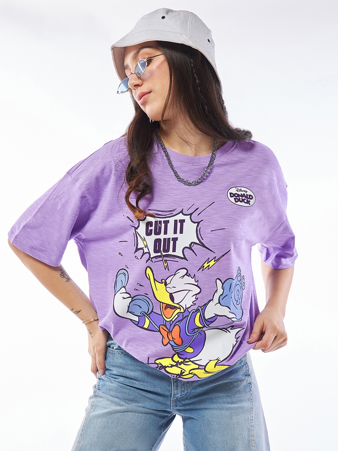 

Bewakoof AIR Donald Duck Printed Cotton Oversized T-shirt, Purple