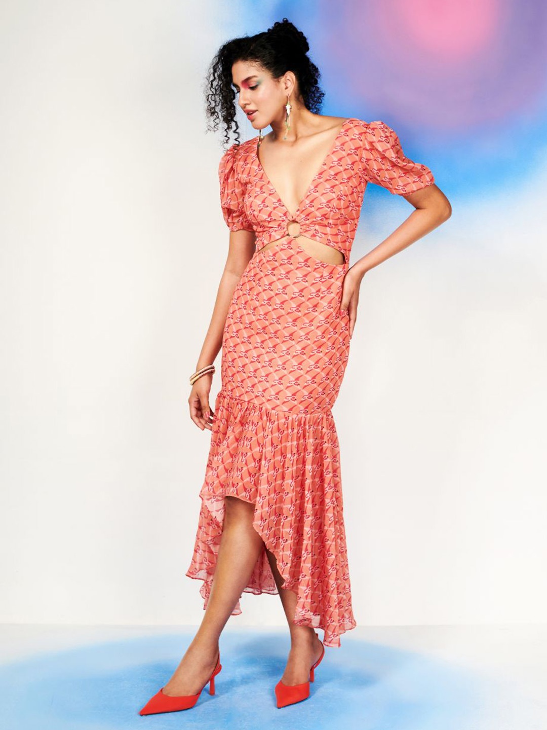 

AJs By Shimar Ahuja Abstract Printed Cut Out Fit & Flare Maxi Dress, Red