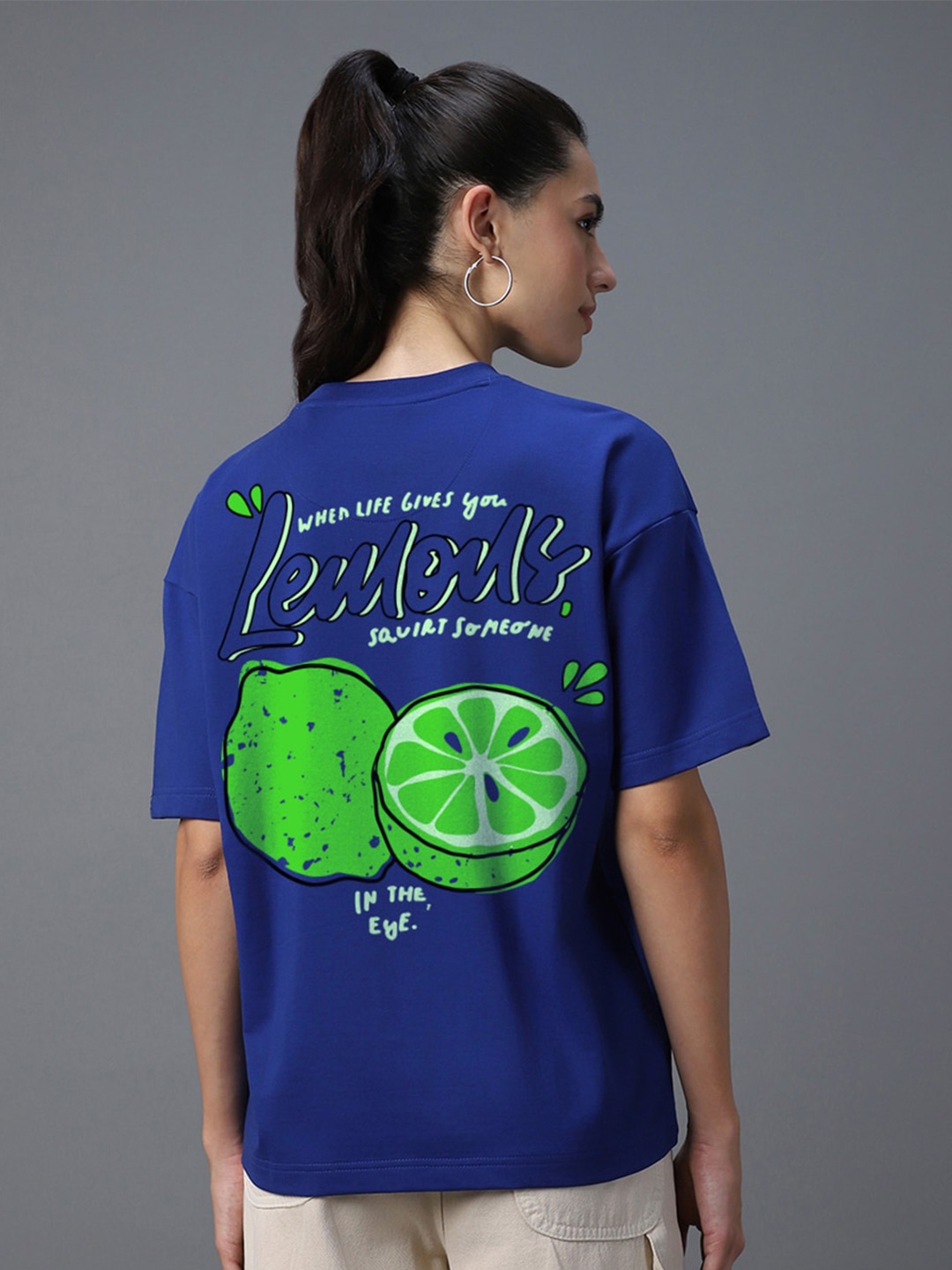 

Bewakoof Heavy Duty 1.0 Women Blue Lemons Graphic Printed Oversized T-shirt