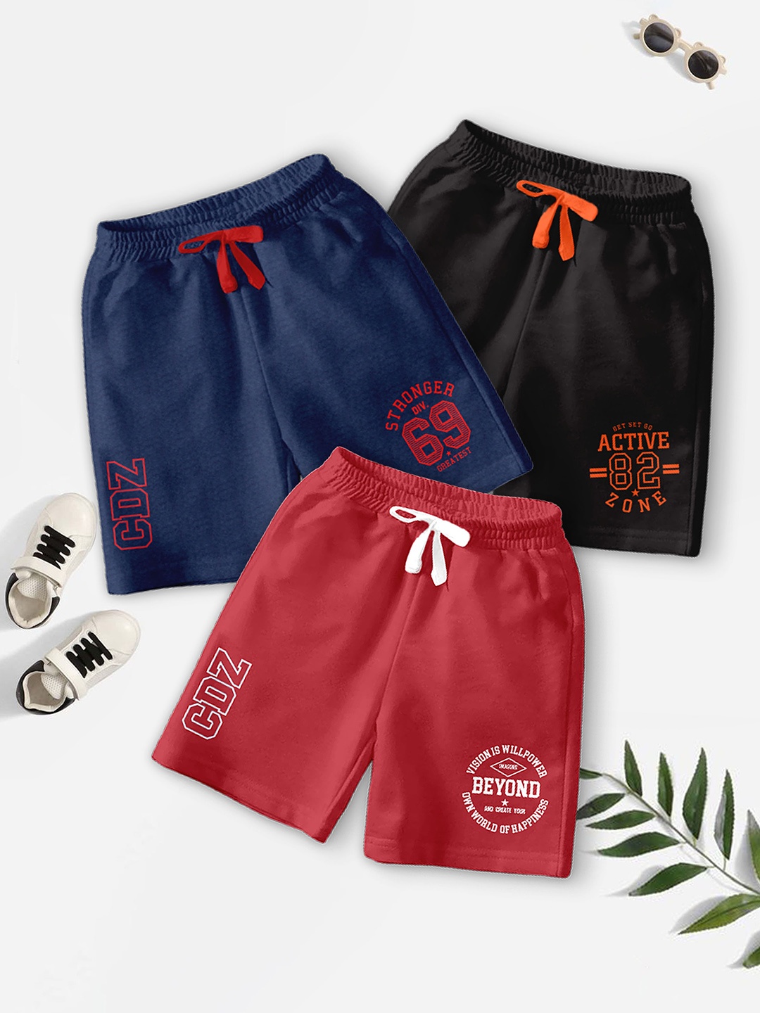 

BAESD Boys Pack Of 3 Typography Printed Mid-Rise Casual Outdoor Shorts, Blue