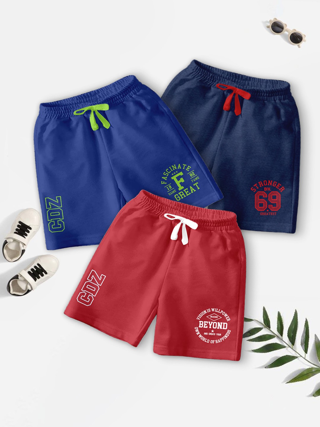 

BAESD Boys Pack Of 3 Typography Printed Mid-Rise Casual Outdoor Shorts, Blue