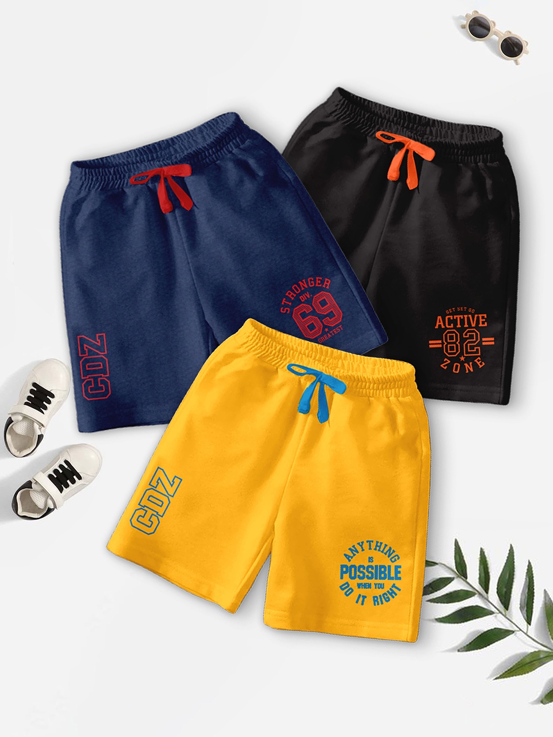 

BAESD Boys Pack Of 3 Typography Printed Knee Length Regular Fit Outdoor Shorts, Yellow